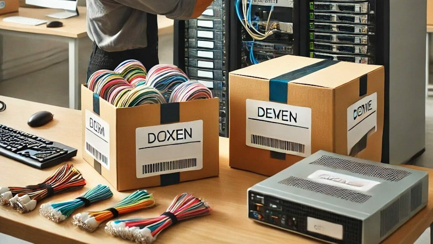 A man connects cables to a server rack in an office filled with IT equipment. Boxes labeled "DOXEN" and "DEVEN" are on the table, ready to safely move alongside office electronics and a computer.